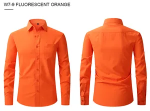 Detailed front and back view of a slim-fit fluorescent orange men's long-sleeved shirt
