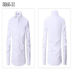 Front and back views of a white professional long-sleeved dress shirt for men