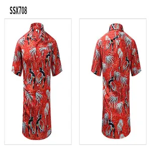 Men's red vintage Hawaiian shirt with unique black and white character print details