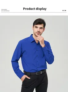 Professional male model wearing a casual royal blue long-sleeved shirt with pocket