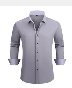 Men's gray four-way stretch long sleeve business shirt with patterned collar details