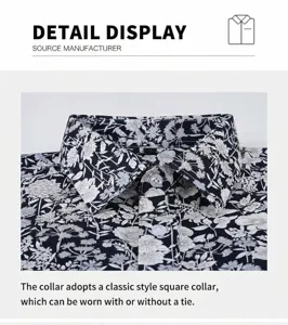 Detail of a men's navy floral print shirt highlighting the classic square collar design