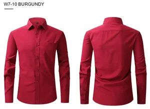 Front and back view of a burgundy long-sleeved slim fit business shirt for men
