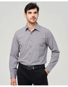 Classic grey men's long-sleeved dress shirt with a single chest pocket