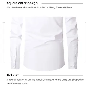 Detail view of white cotton shirt showing flat cuffs and square collar design
