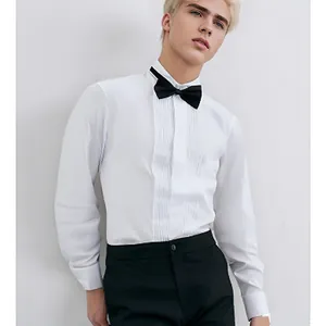 Camicia da Smoking Formale da Uomo Slim Fit Davanti Pieghettato Camicia a Maniche Lunghe Con Papillon per Banchetto di Nozze Sposo Camicia Business Professionale
