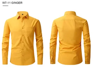 Detailed front and back views of a ginger yellow slim-fit long-sleeve business shirt