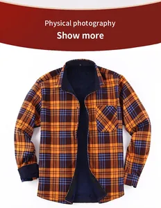 High-quality view of men's fleece-lined plaid shirt with warm navy blue lining