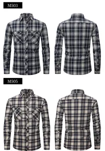 Front and back views of men's slim fit long sleeve plaid shirts in two color patterns.