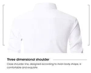 Detail view of the 3D shoulder construction on a white men's long sleeve shirt