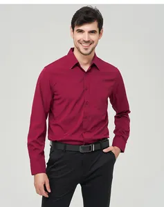 Front view detail of a classic men's burgundy long sleeve casual shirt with chest pocket