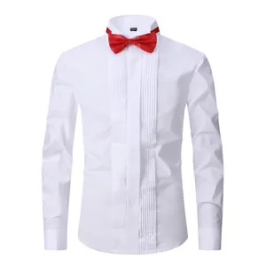 Camicia da smoking bianca da uomo slim fit con papillon rosso e maniche lunghe eleganti