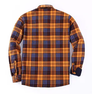 Back view of a men's warm flannel fleece-lined plaid shirt with orange and blue check pattern