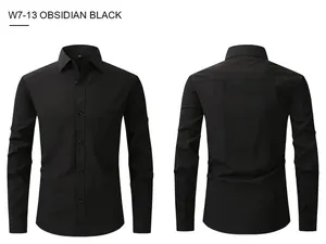 Front and back view of a slim fit obsidian black men's long sleeve formal dress shirt
