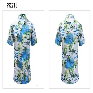 Front and back view of men's tropical palm print short sleeve Cuban collar shirt