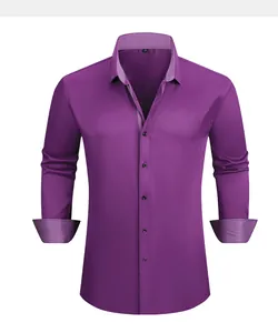 Detail of purple long sleeve men's dress shirt with contrast inner collar and cuffs
