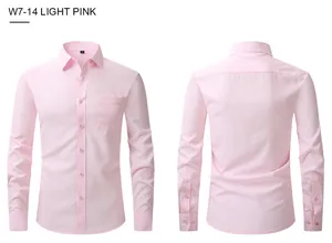 Detail view of a light pink slim fit men's long-sleeve dress shirt.