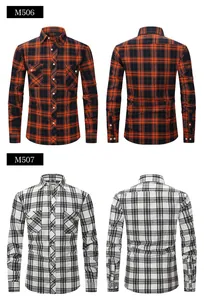 Front and back views of orange and white plaid slim fit shirts with double pockets