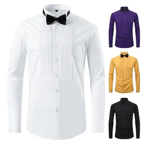 Men Business Formal Tuxedo Shirt Long Sleeve Pleated Bib High Elastic Slim Fit Top With Black Bow Tie For Wedding Party Banquet Ceremony