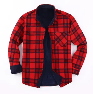 Close-up detail of men's red plaid flannel shirt featuring a warm navy fleece lining