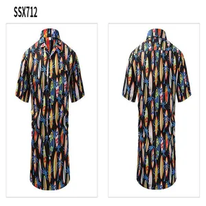 Detailed front and back views of a men's retro Hawaiian shirt with surfboard print