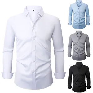 Men's Slim Fit 4-Way Stretch Business Shirt Long Sleeve Wrinkle Resistant Polyester Dress Shirt Non-Iron Solid Top