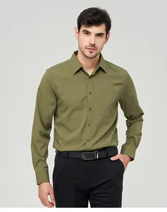 Focus view of olive green fabric and pocket detail on a long-sleeved men's dress shirt