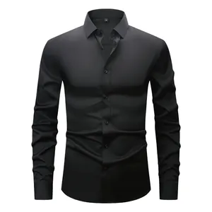 Chemise à manches longues noire de qualité supérieure pour hommes, extensible et infroissable