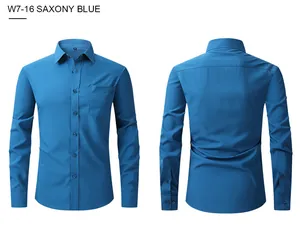 Front and back view of a men's slim fit long sleeve business dress shirt in Saxony blue color