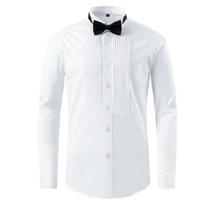 Classic white men's tuxedo shirt with pleated front and black bow tie