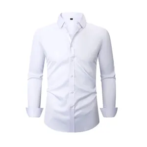 Classic white men's long-sleeved dress shirt with four-way stretch fabric