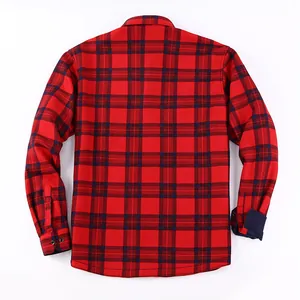 Detailed back view of a classic red and navy blue plaid warm fleece-lined shirt for men
