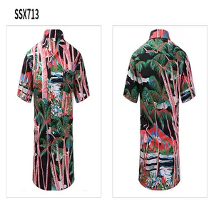 Detailed front and back views of a men's vintage tropical palm tree print beach shirt