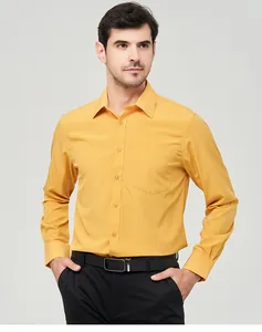 Front view of a men's casual long-sleeved shirt in mustard yellow with a chest pocket