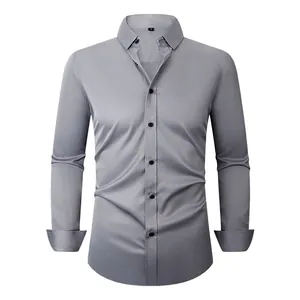 Professional slim fit grey long sleeve men's dress shirt in stretch wrinkle-free fabric