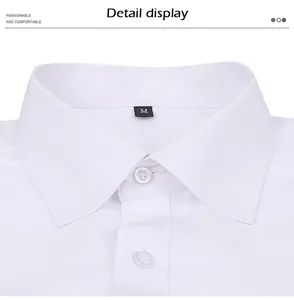 Close-up detail showing the collar and buttons of a white men's business shirt with size label M