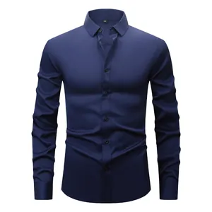 Chemise homme à manches longues bleu marine avec tissu extensible et infroissable