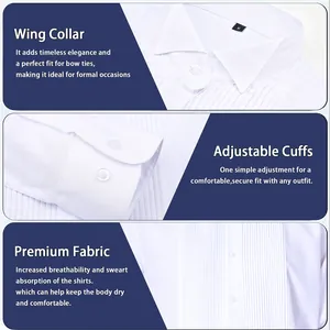 White pleated tuxedo shirt with wing collar and adjustable cuffs detail