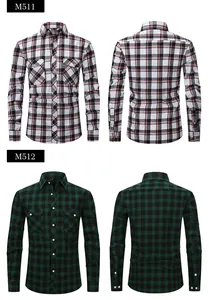 Detailed front and back views of men's slim fit long sleeve plaid shirts in green and white.