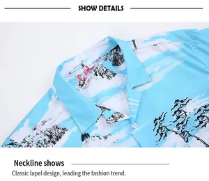 Close-up of the classic lapel design on this retro blue Hawaiian floral print shirt
