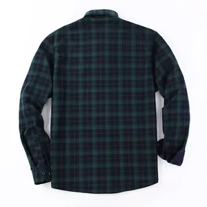 Back view of a classic dark green and black plaid warm flannel shirt jacket for men.