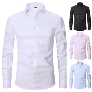 Classic men's long-sleeve business shirt in multiple colors with fine checkered texture