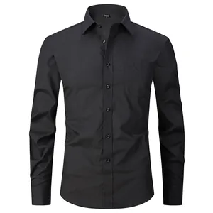 Classic black long-sleeved French dress shirt with chest pocket for professional business wear