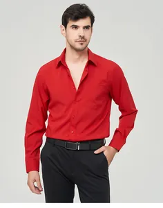 Detailed shot of a men's vibrant red long-sleeve casual shirt with chest pocket