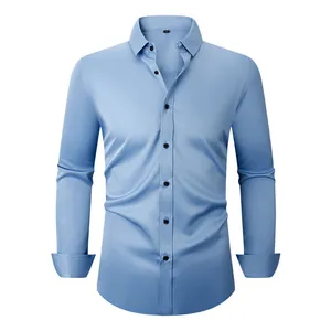 Premium men's four-way stretch wrinkle-resistant long sleeve dress shirt in light blue