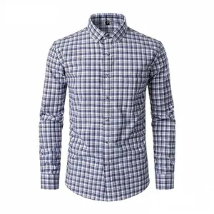 Camicia a Quadri da Uomo a Manica Lunga in Misto Cotone Button Down Casual Vestibilità Ampia Plaid Top Moda Primavera Motivo Classico