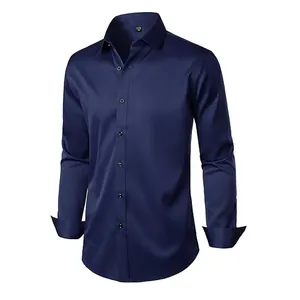 Chemise de ville à manches longues pour hommes, coupe ajustée, bleu marine uni formel