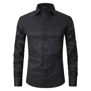 Men's professional black long-sleeved dress shirt with subtle grid texture