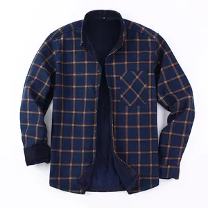 Detailed view showing the navy blue and orange plaid pattern and warm fleece lining