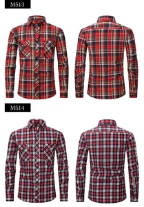 Front and back views of men's slim fit long sleeve plaid shirts in two color styles